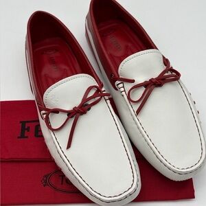 TODS FERRARI GOMMINO MENS WHITE/RED LEATHER SHOES NEW